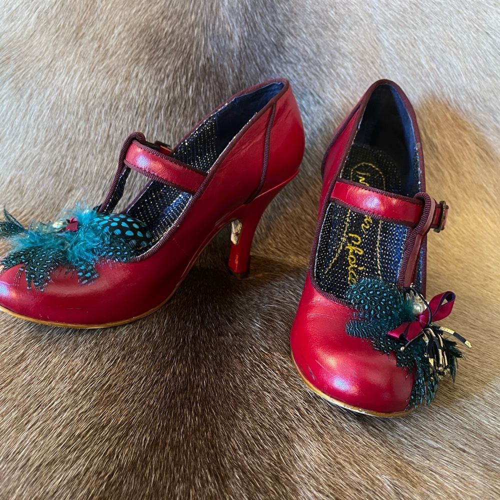 Irregular Choice “Serpentine” Red Heels with Teal Feather Accents